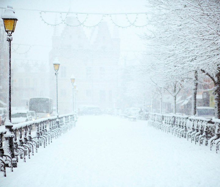 Snowy city park path lined with old street lamps in winter