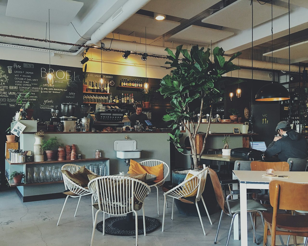Quiet café interior with tables and plants